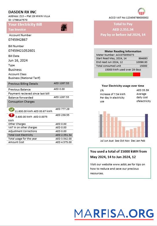 Downloadable UAE Abu Dhabi Distribution electricity utility bill real example